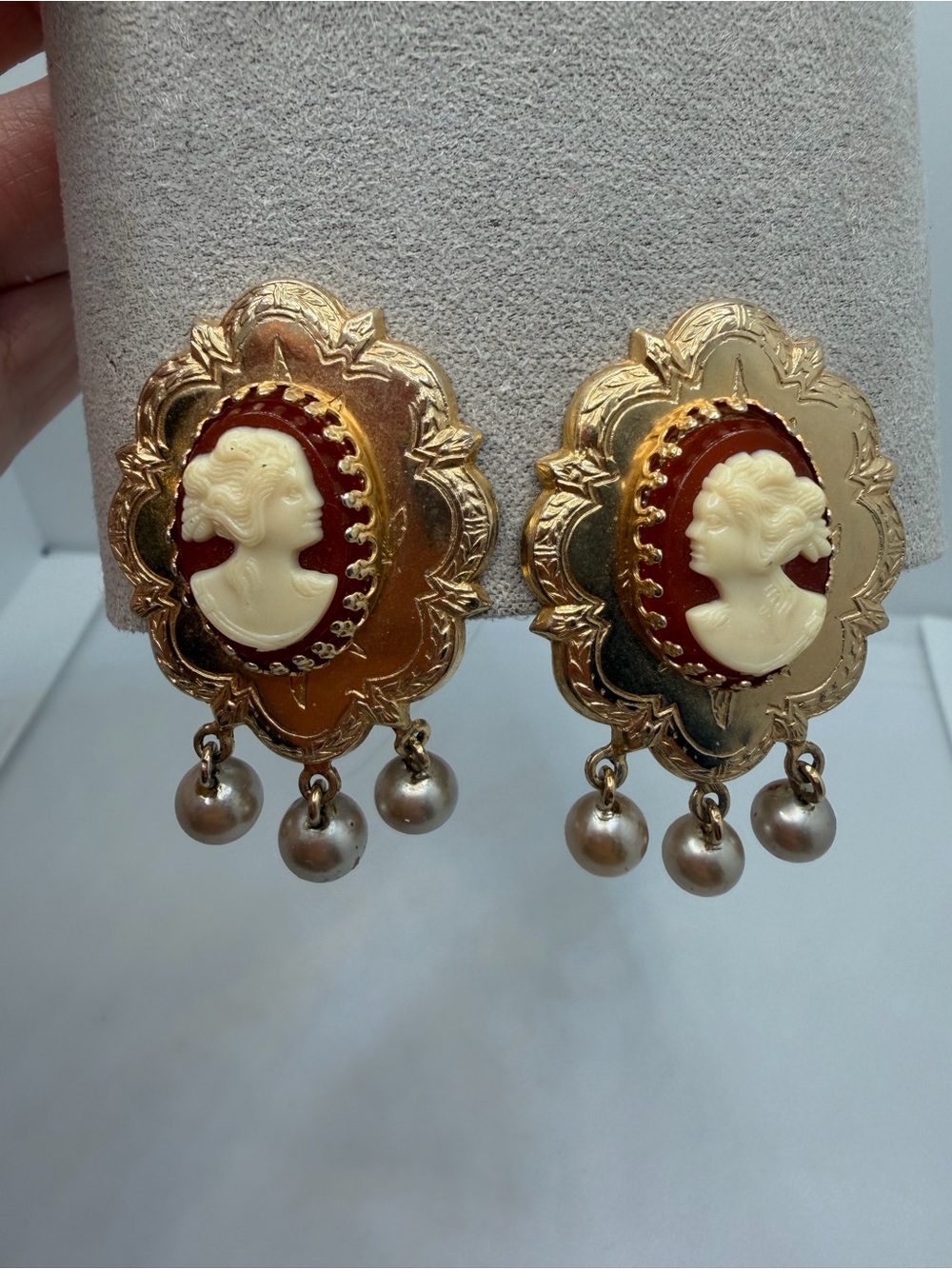 Gold-Tone Cameo Drop Earrings with Ivory Profile and Pearl Dangles